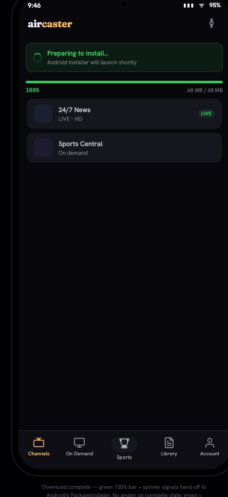 Aircaster install — download complete, preparing to install